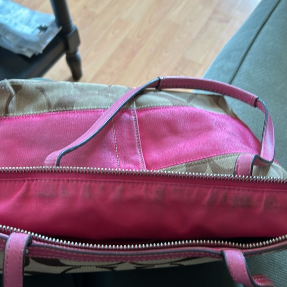 Coach Tan Purse with Pink Leather Straps. Pink stripe accent. - Picture 10 of 12
